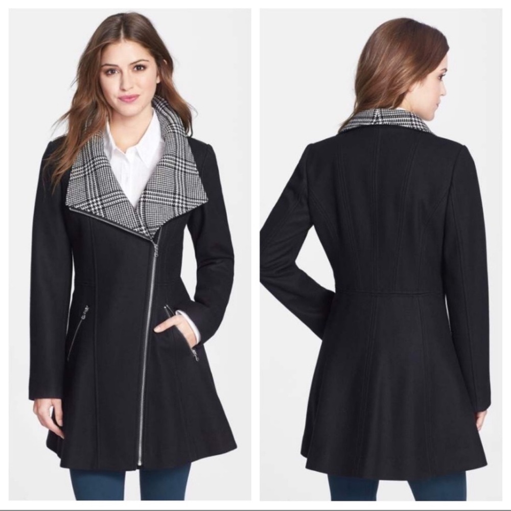 Guess Wool Blend Peacoat Full Zip Glen Plaid Collar Black Women's SZ medium